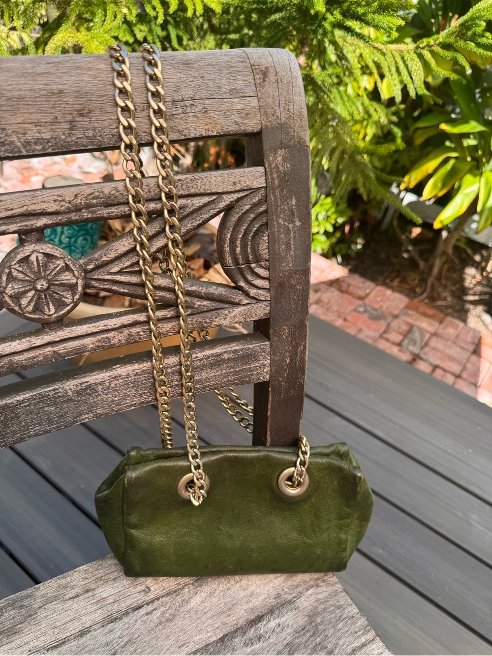 Furla Dark Green Leather Crossbody with Gold Chain - Picture 4 of 10